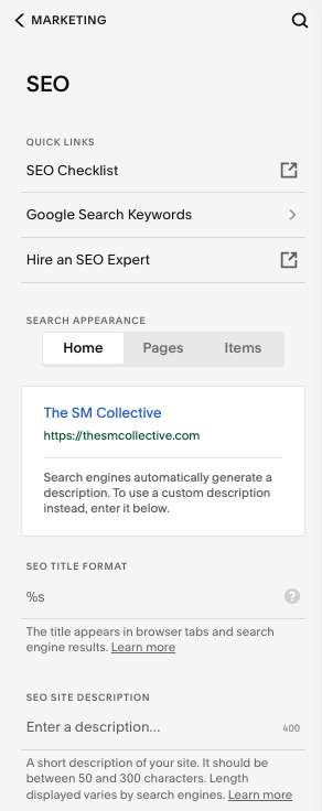 Squarespace SEO site settings for adding the SEO title and SEO site description.