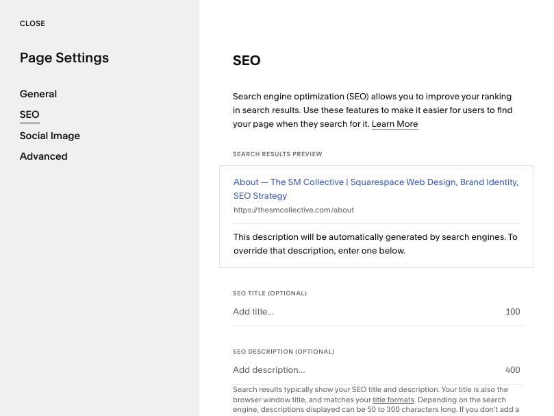 Squarespace SEO page settings for adding the SEO title and SEO description.