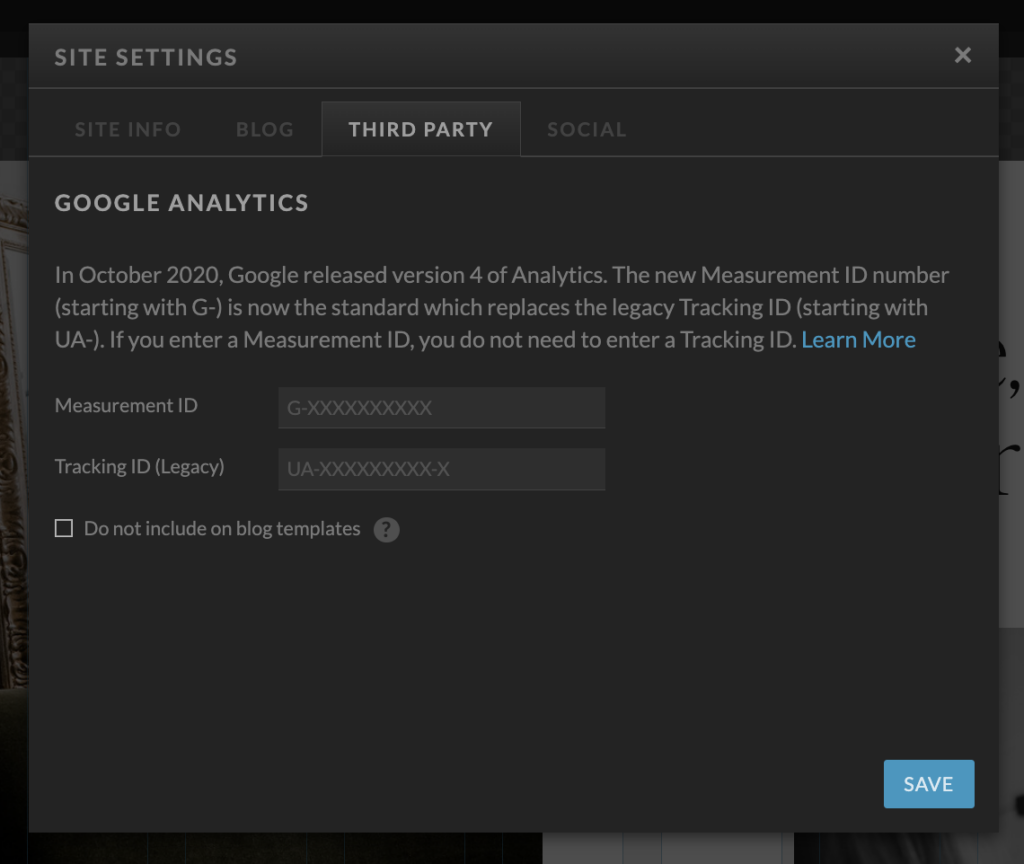 Showit site settings to add Google Analytics GA4 measurement ID