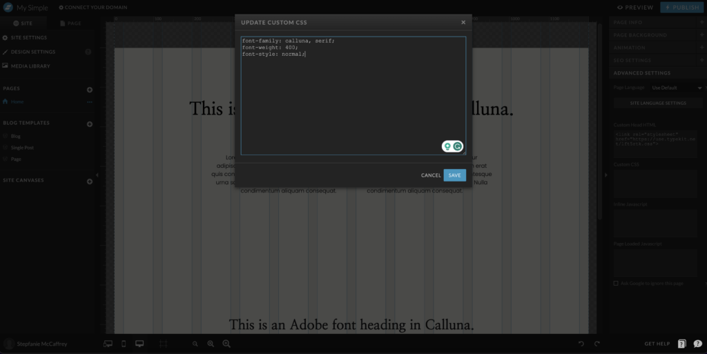 Screenshot of adding CSS for Adobe font to Showit Custom CSS panel
