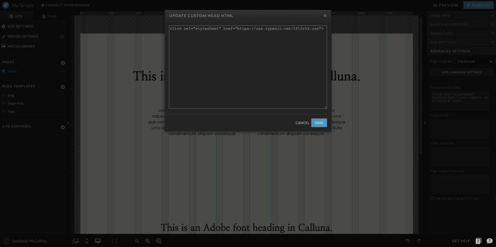 Screenshot of adding code to Custom Head HTML in Showit