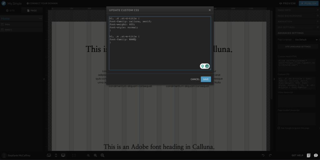 Screenshot of styling custom CSS for Adobe fonts in Showit